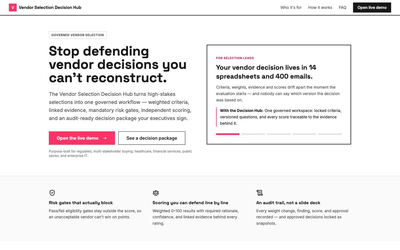 Vendor Selection Decision Hub screenshot